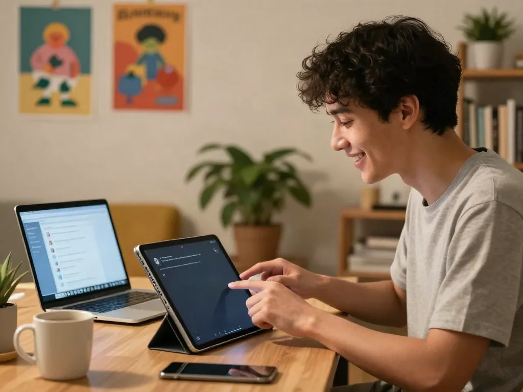 Engaging interaction on crushon.ai showing user chatting with AI character on tablet in cozy home.