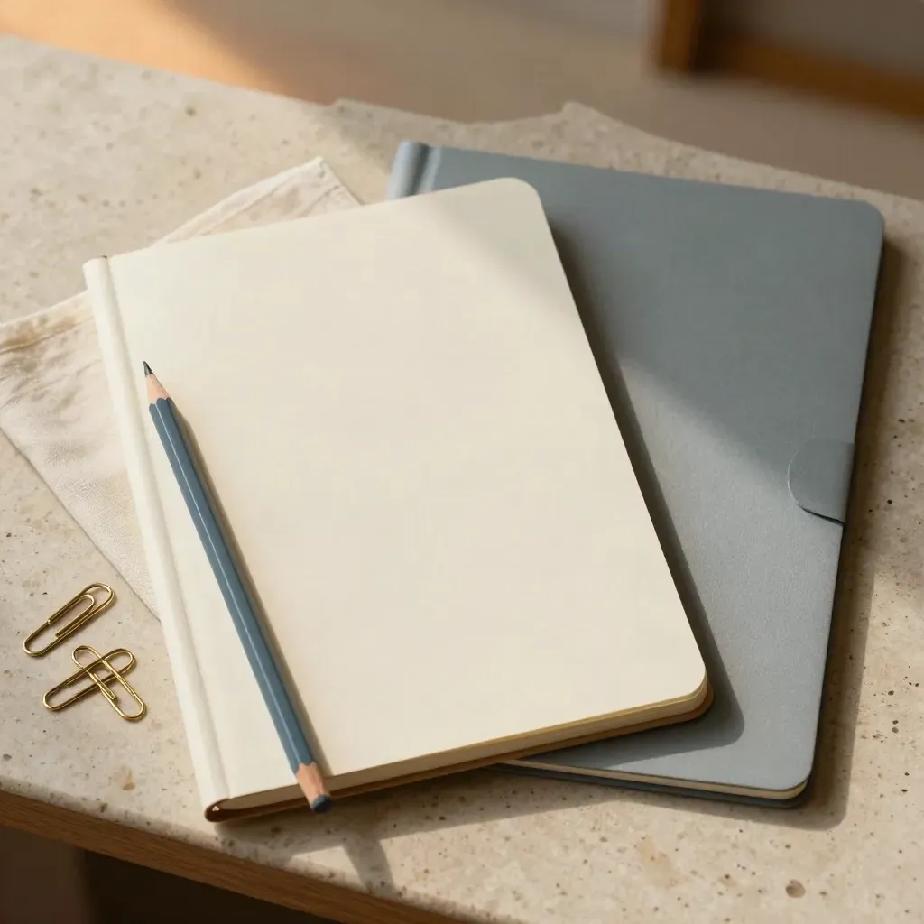 Vue de dessus d’un carnet crème, crayon bleu, trombones en laiton et dossier CV sur travertin.