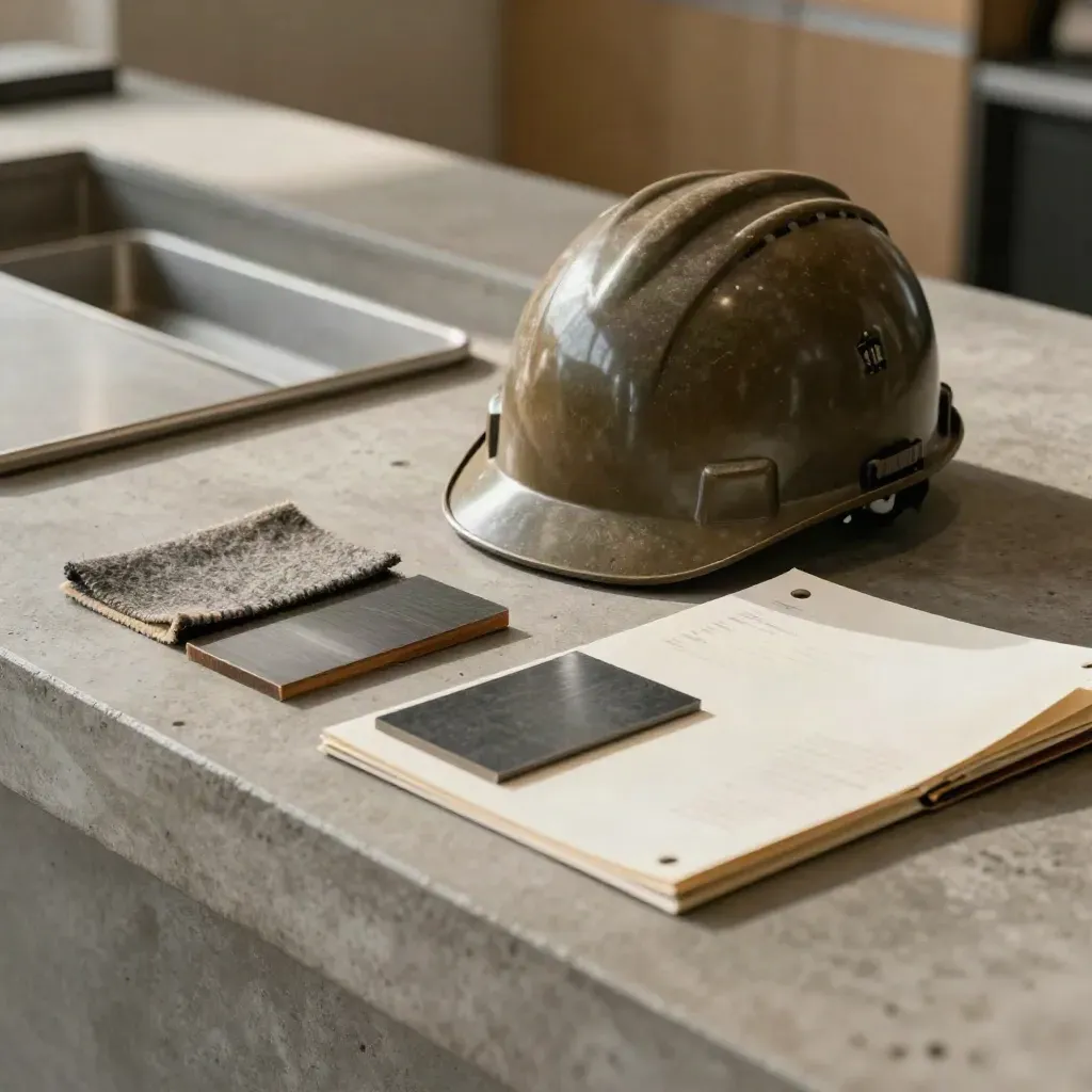 Casque, brassard badge et échantillons matériaux sur un comptoir d’accueil d’entreprise