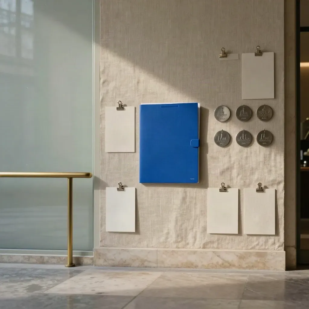 Hall d’entrée parisien avec panneaux de lin, cartes clipsées et dossier bleu cobalt.