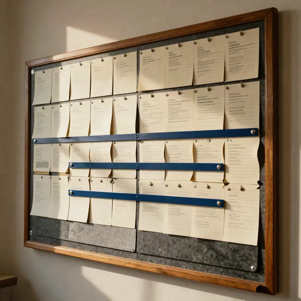 Mur d’offres d’emploi avec cartes, onglets de villes et dossiers cobalt dans une lumière chaude.