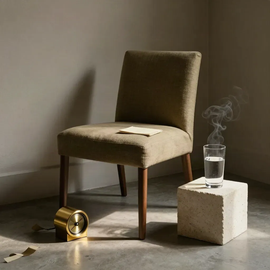 Chaise, timer en laiton, cartes de préparation et verre d’eau dans un coin d’entretien.