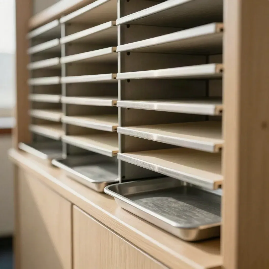 Gros plan de dossiers triés et bacs courrier dans un bureau lyonnais, lumière de fin de journée.