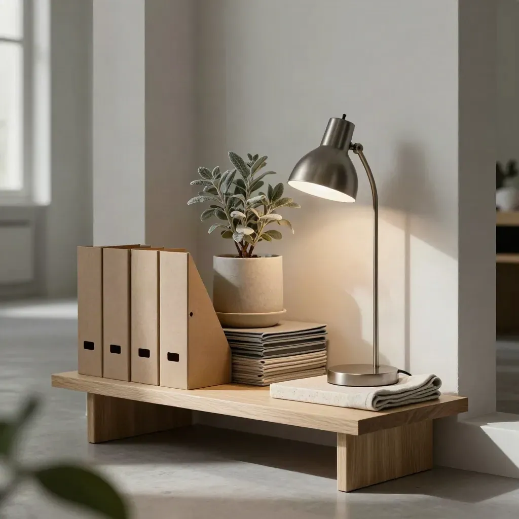 Coin bureau éditorial soigné à Nantes avec étagère, plante, lampe et dossiers alignés.