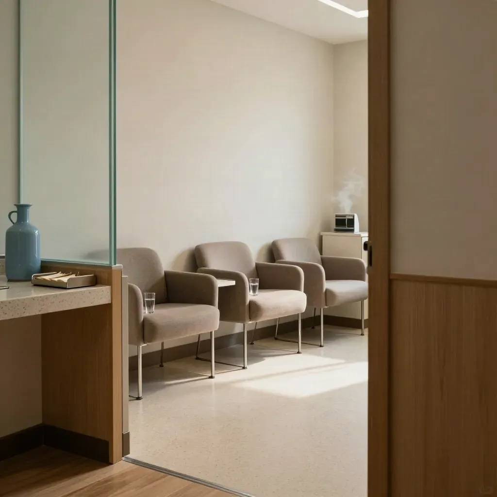 Salle de préparation clinique calme avec trois chaises, verres d’eau et bac à dossiers neutre.
