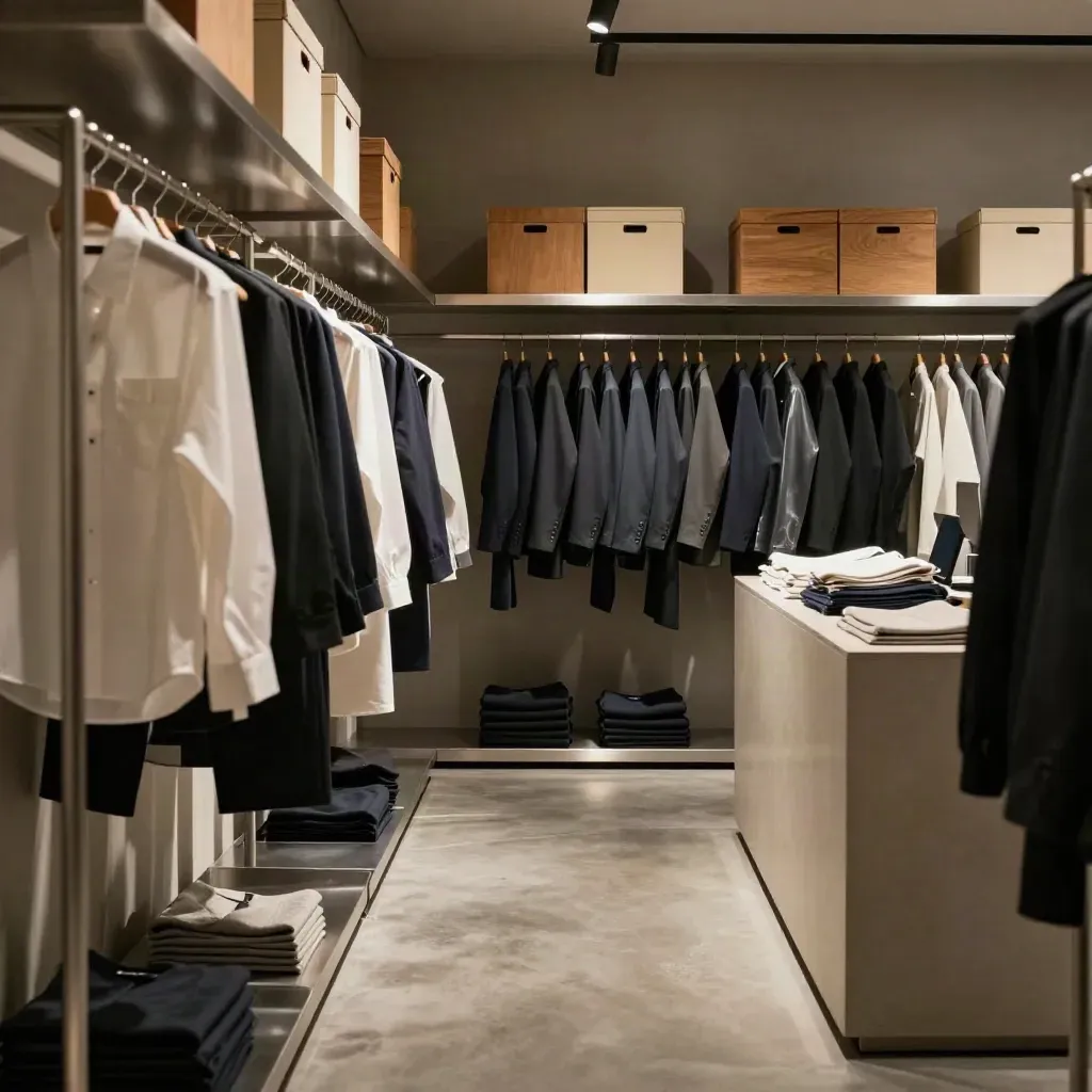 Back-office de boutique à Bordeaux avec rails de vêtements, bacs de stock et comptoir propre.