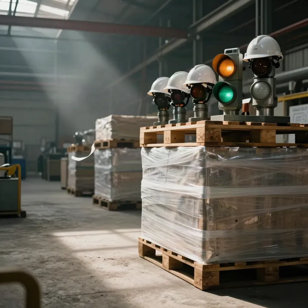 Quai d’expédition industriel avec palettes, casques blancs et feux de signalisation.