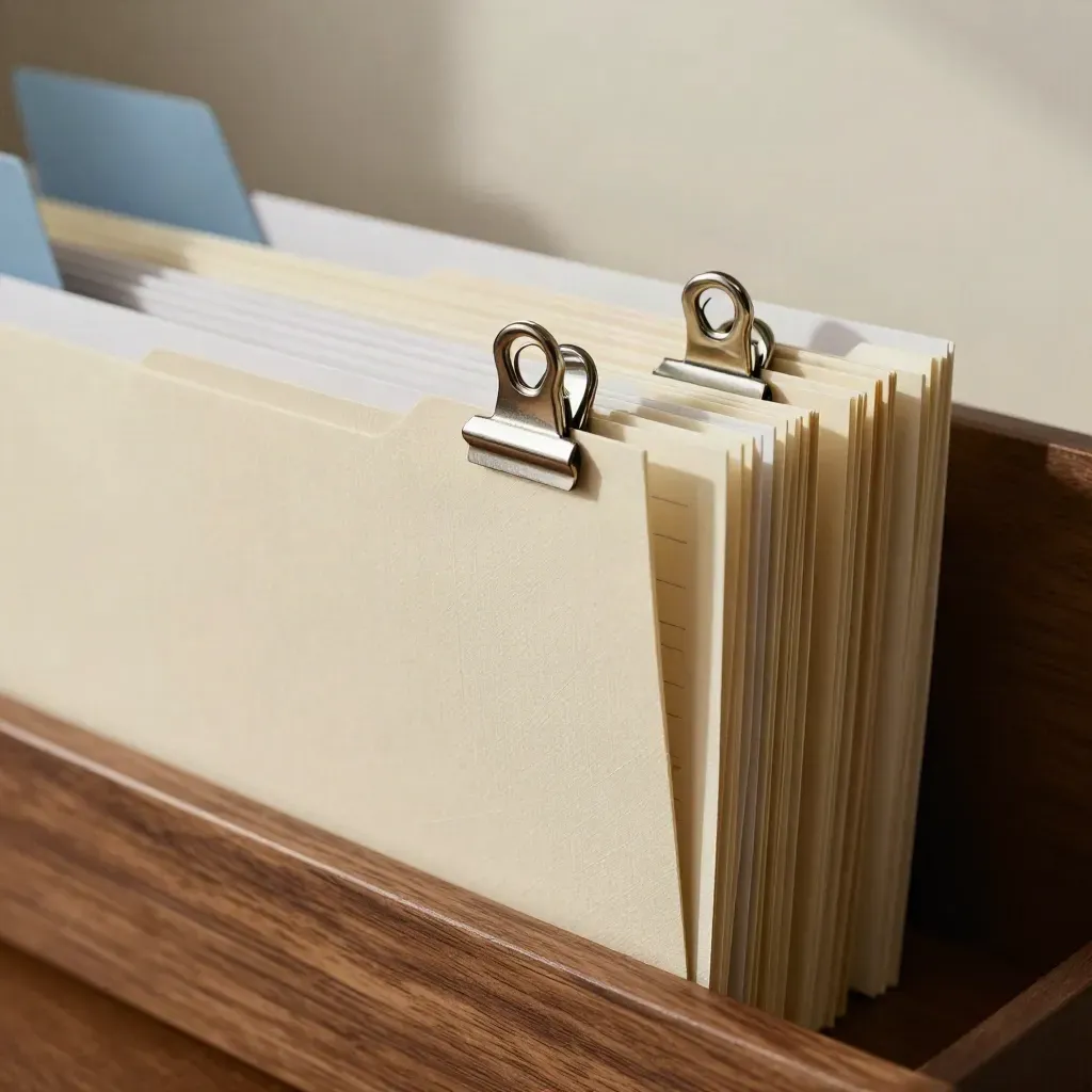 Chemises crème et cartes de CV alignées, clips argentés et touche bleue sur une étagère.