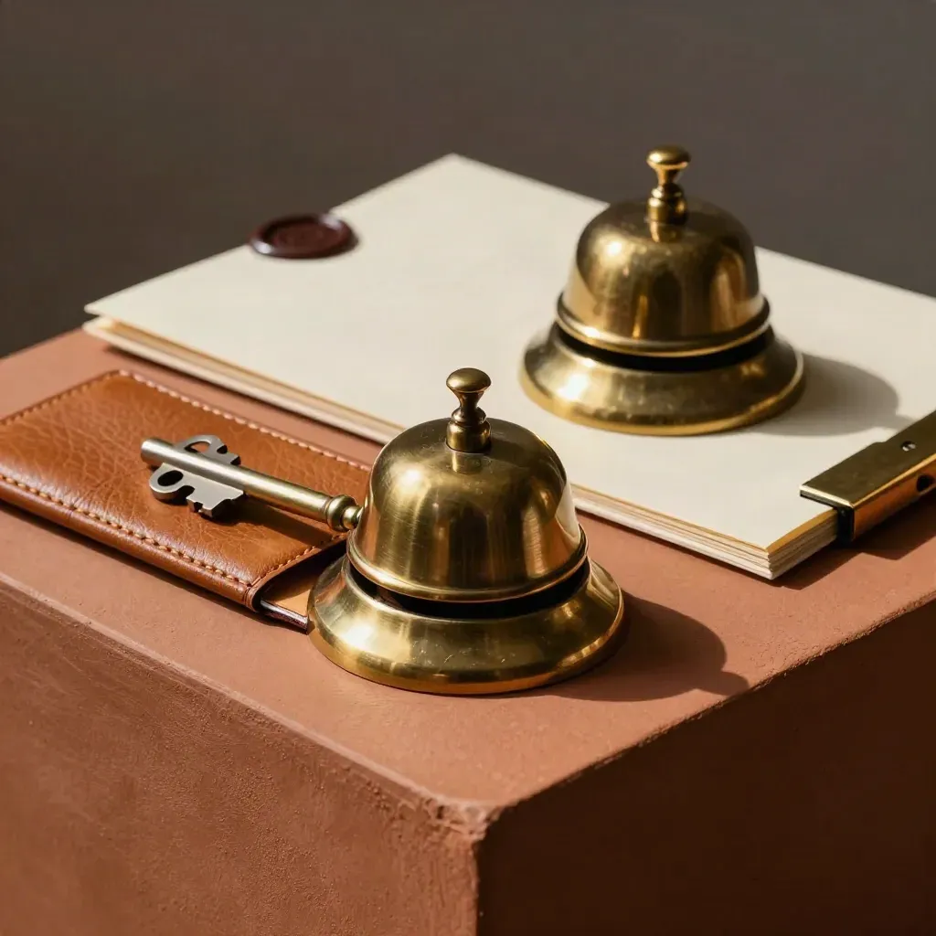 Folio de contact en cuir, cloche en laiton et dossier scellé sur plinthe terracotta.