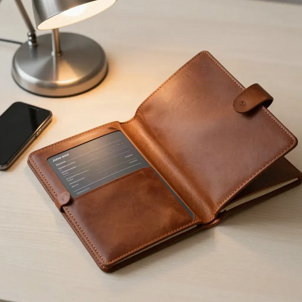 Vue plongeante d’un folio en cuir, d’un téléphone fermé et d’un socle de lampe sur bois clair.
