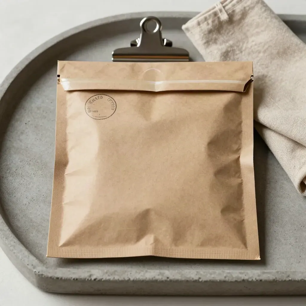Mailer scellé, disque de cachet et clip sur plateau de béton, lumière douce.
