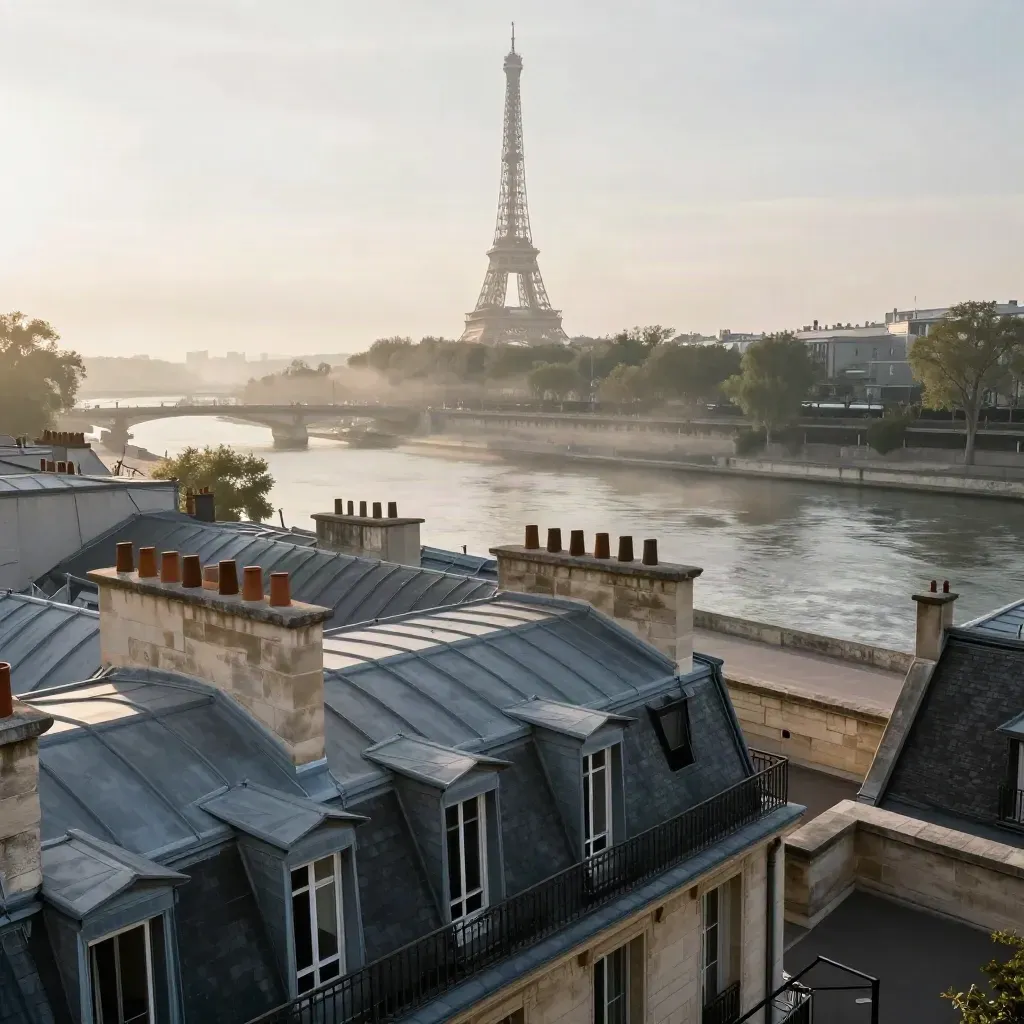 Toits parisiens au lever du jour avec la tour Eiffel dans la brume au-dessus de la Seine