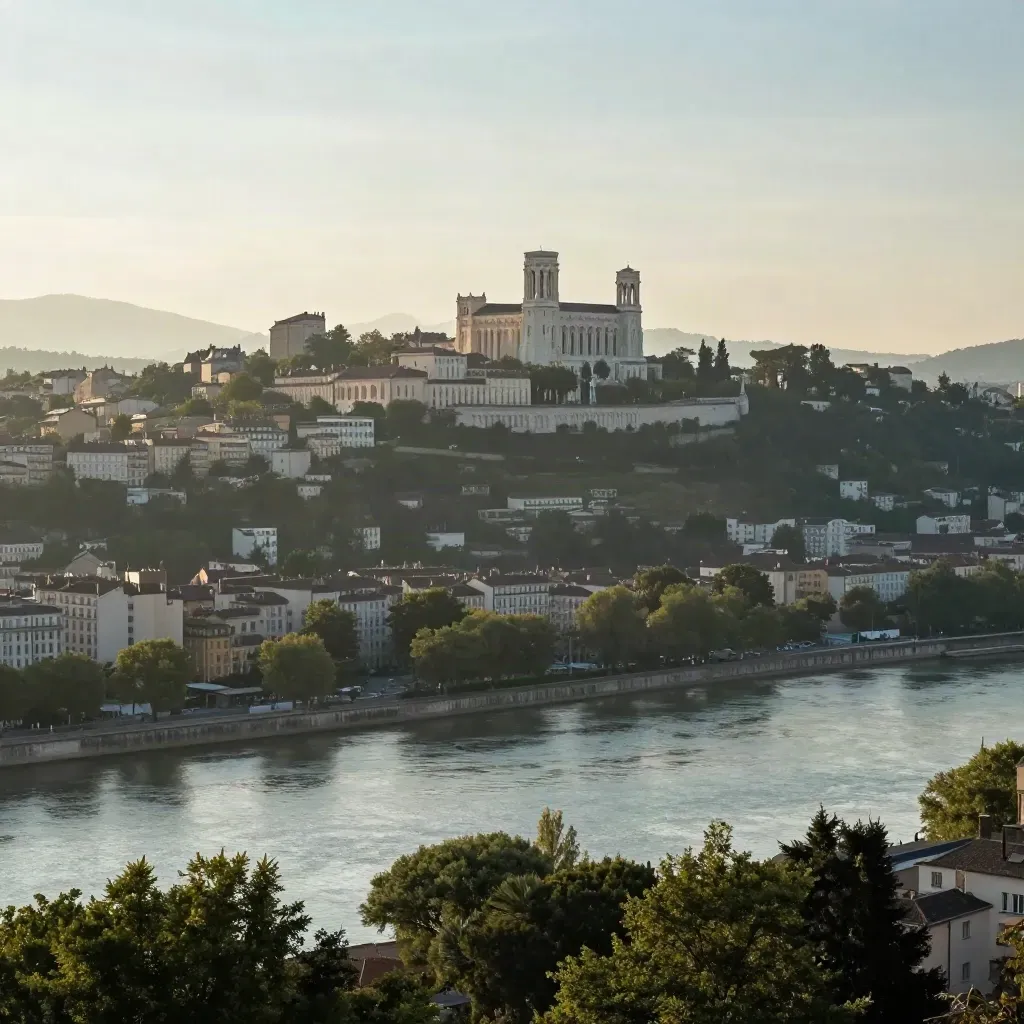 Vue panoramique de Lyon depuis Fourvière, Rhône en contrebas et Alpes lointaines dans la brume.
