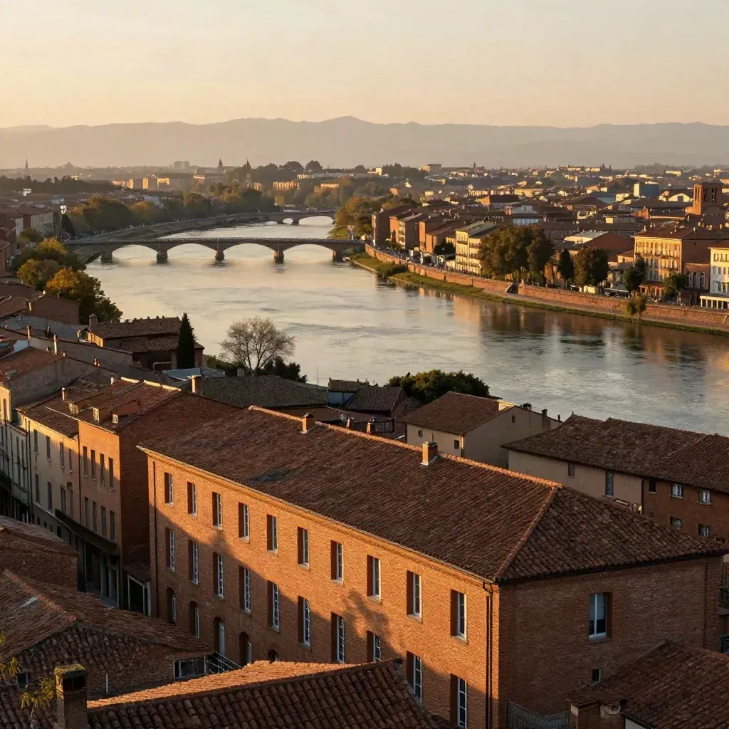 Vue dorée de Toulouse, toits en terre cuite, Garonne et lumière des Pyrénées.