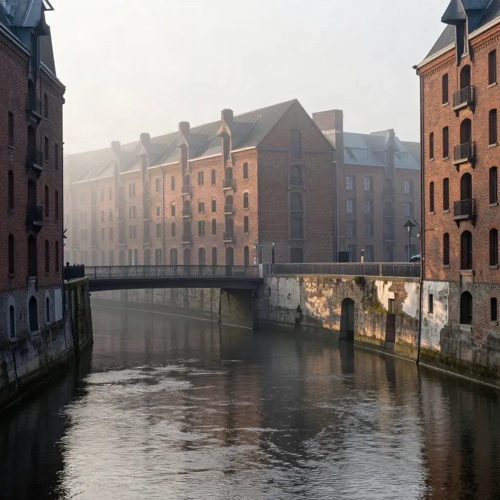 Brume matinale sur les canaux de Lille, entre briques, ponts bas et eau calme.