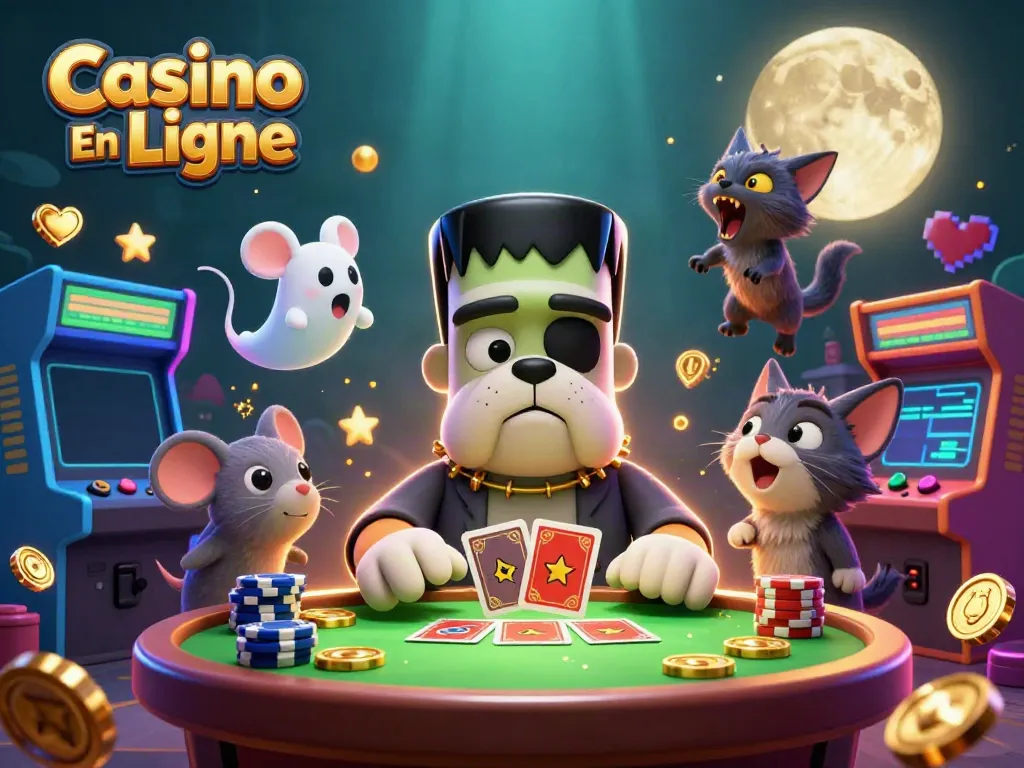 Jouer avec le bonus de Casino En Ligne, illustration colorée de personnages animés à une table de jeu.